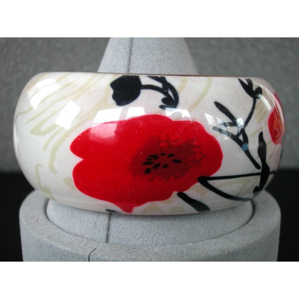 Red & White Floral Wide Bangle Bracelet Wooden Interior Acrylic Exterior